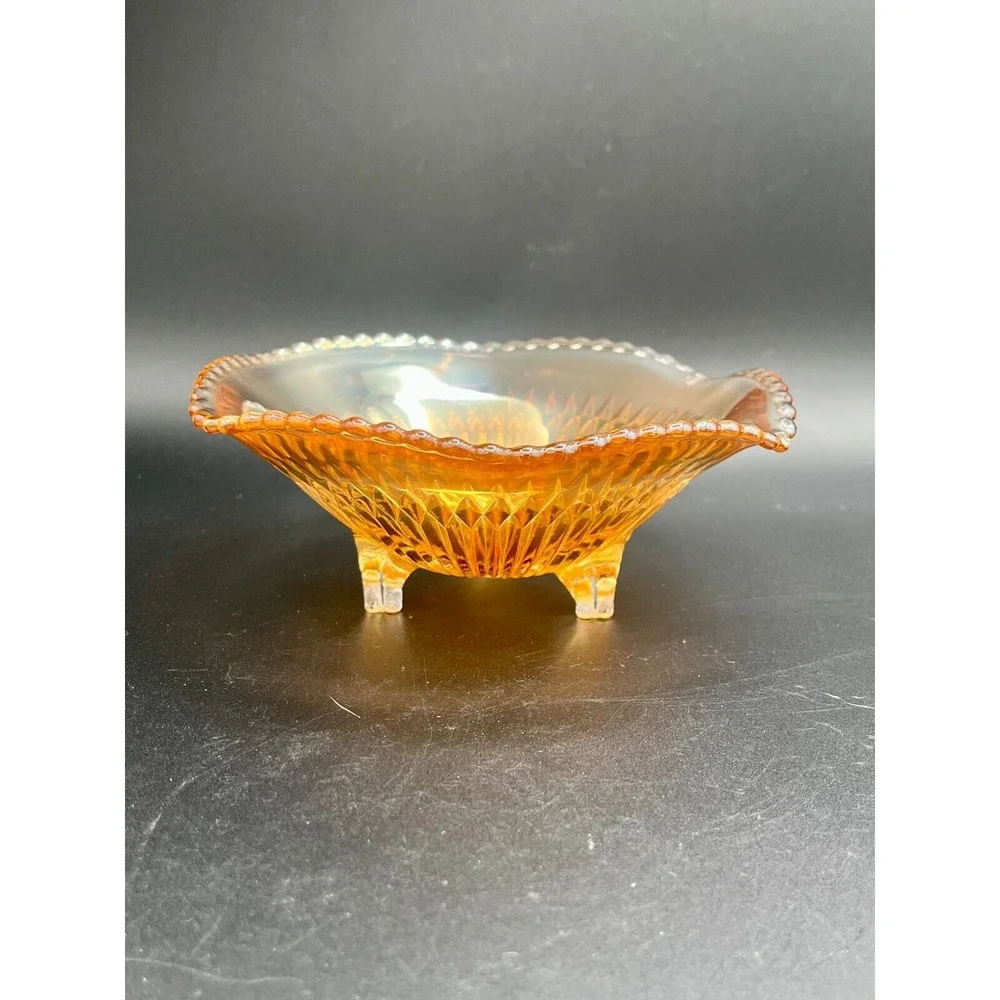 Vintage Imperial Marigold Carnival‎ Glass  Iridescent Ribbed Footed Bowl